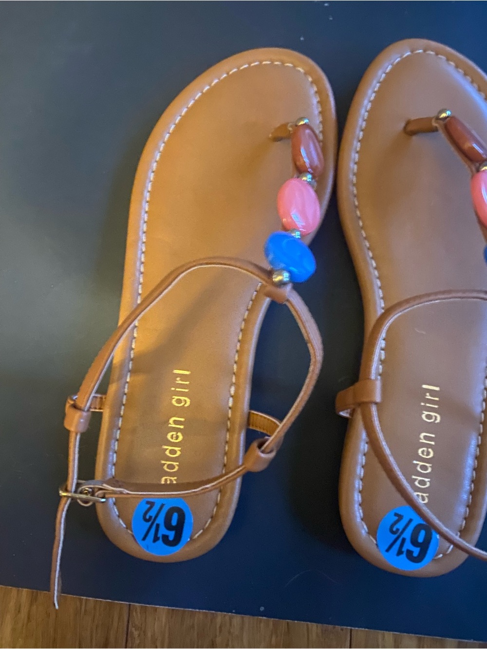 MAdden Girl Brown Beaded T-Strap Sandals with Pink & Blue Accents